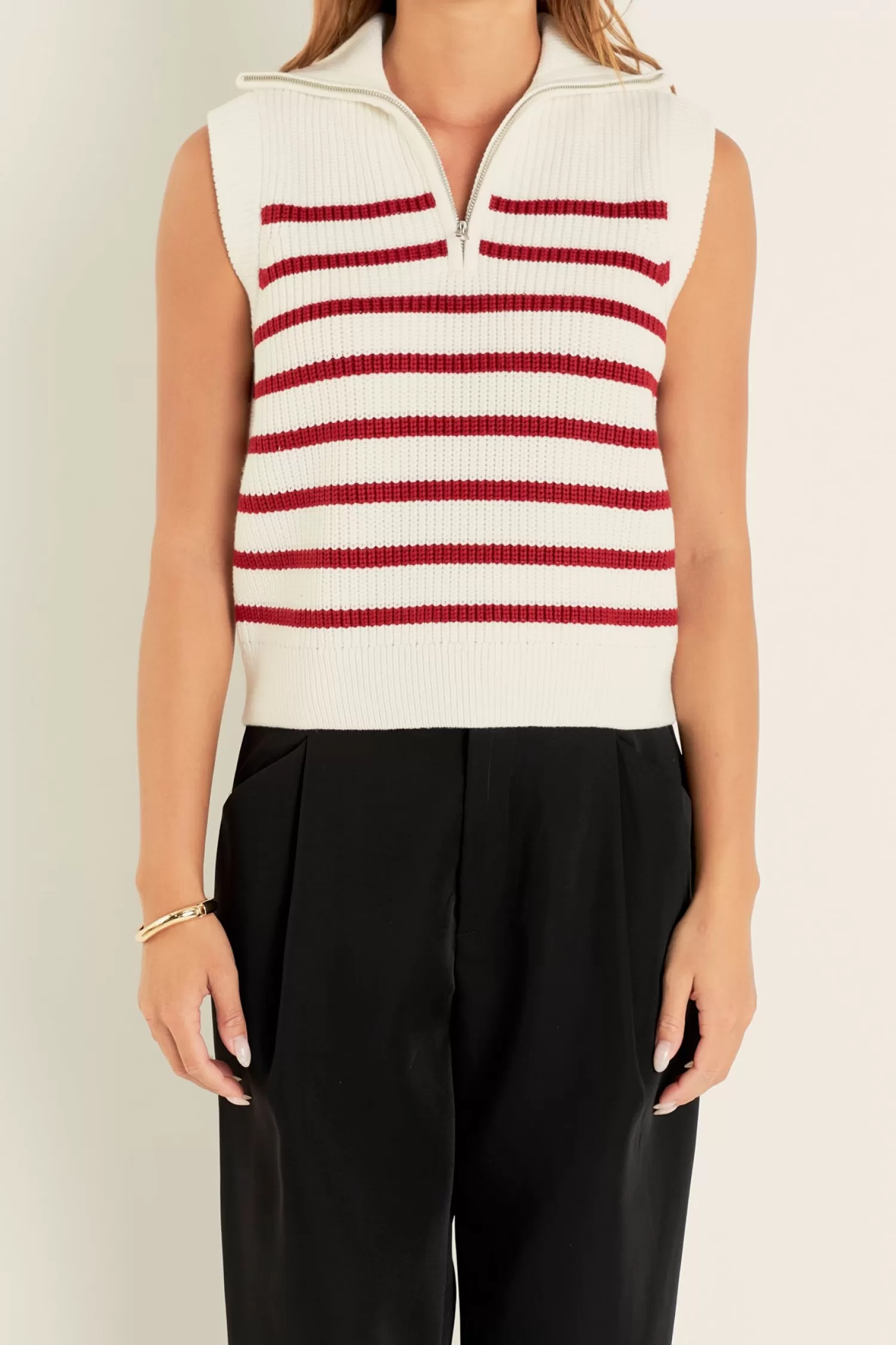 New Stripe Half Zip Up Sleeveless Knit Top Stripe Wonders | Tops