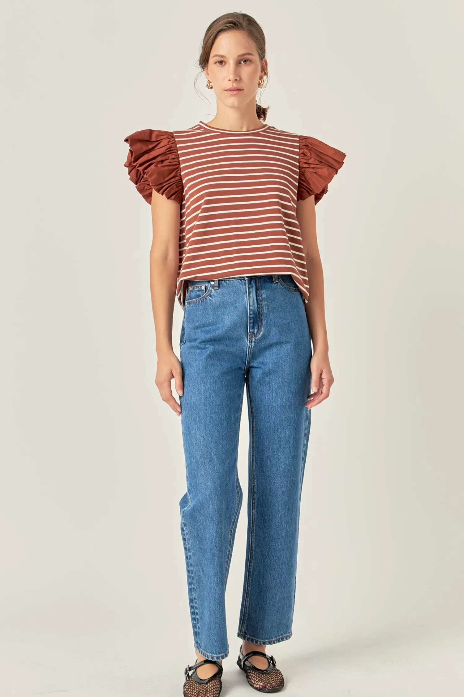 Cheap Stripe Knit with Poplin Puff Sleeve Top - Sale Frills And Thrills | Stripe Wonders