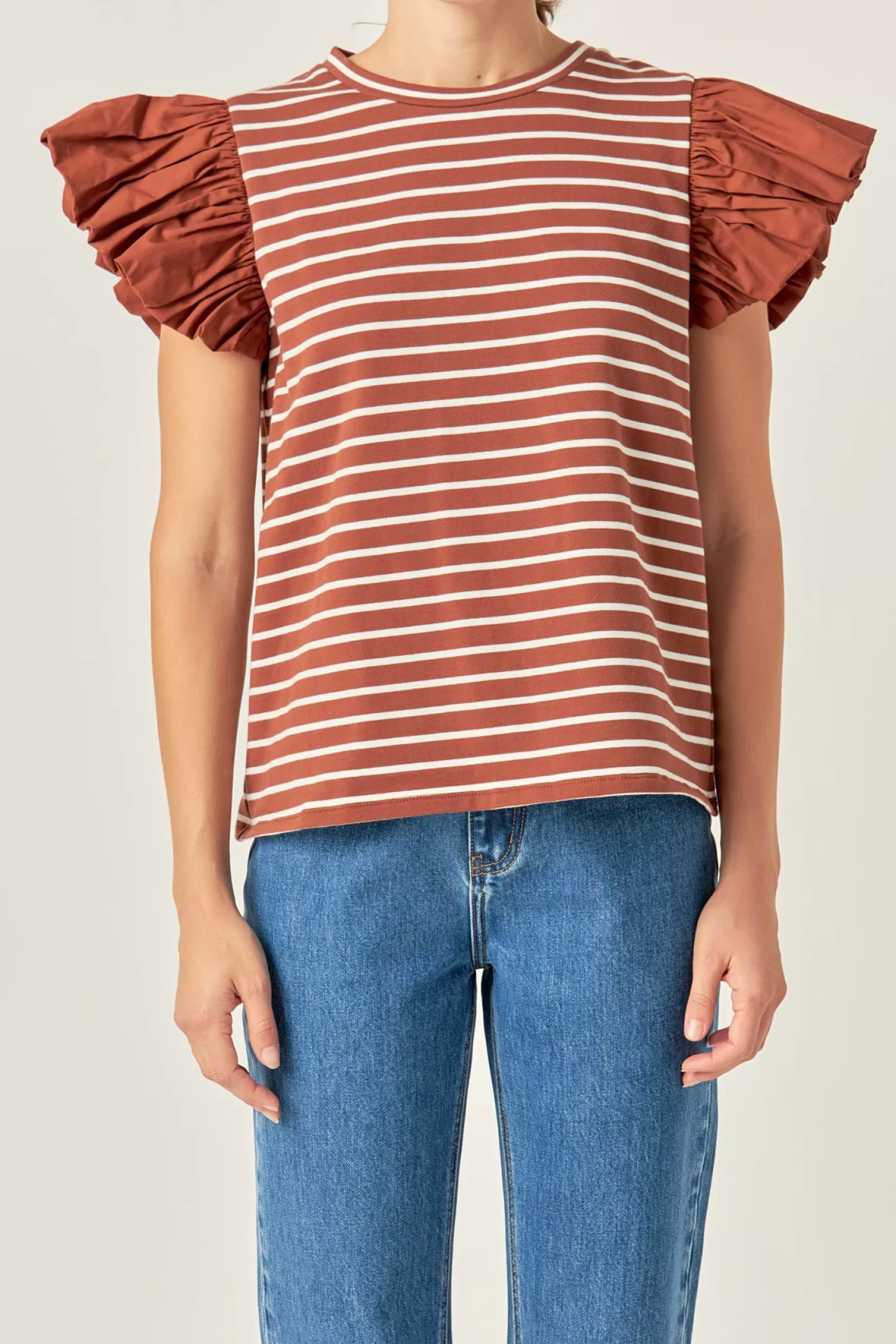 Cheap Stripe Knit with Poplin Puff Sleeve Top - Sale Frills And Thrills | Stripe Wonders