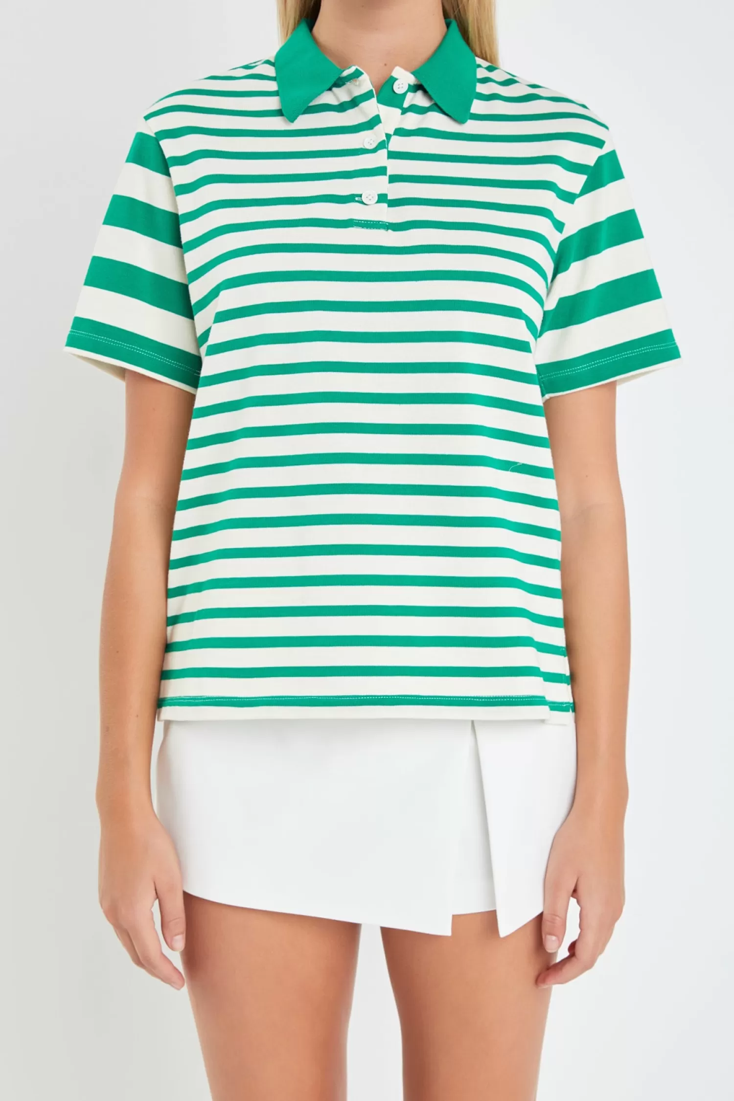 Store Stripe Short Sleeve Collared Knit Top Stripe Wonders | Tops