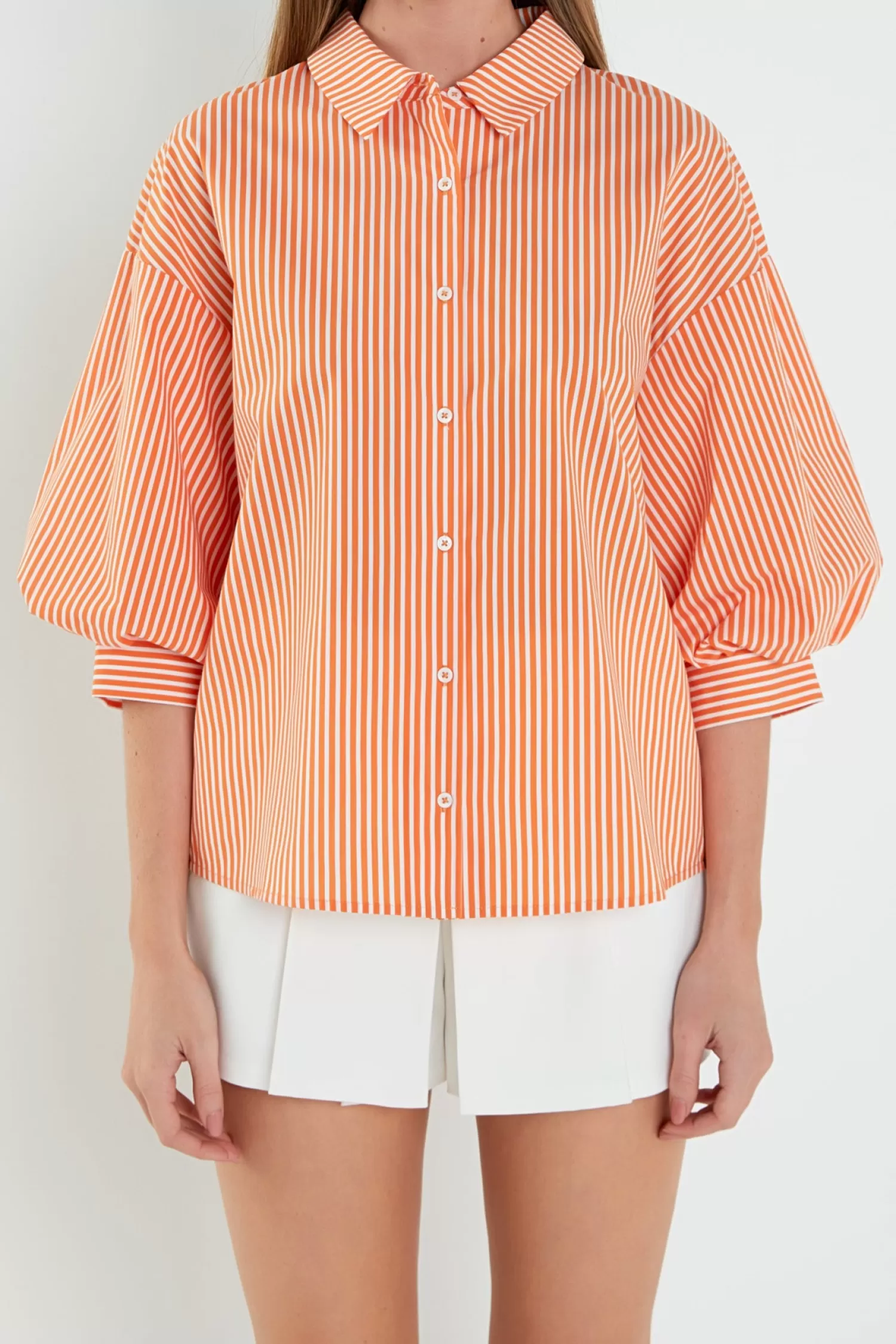 Cheap Striped Balloon Sleeve Shirt Tops