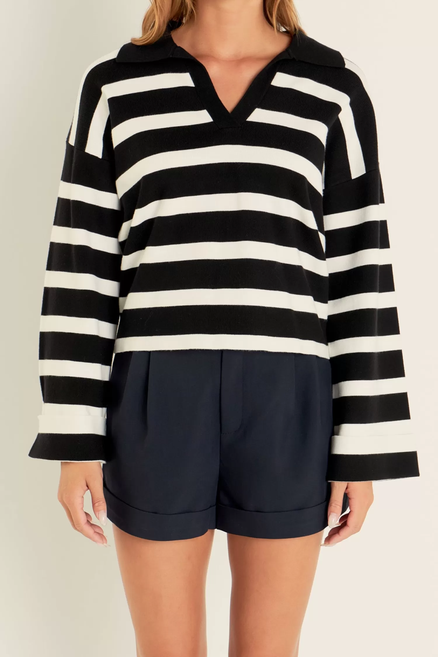 Sale Striped Collared Cropped Sweater Stripe Wonders | Sweaters & Knits