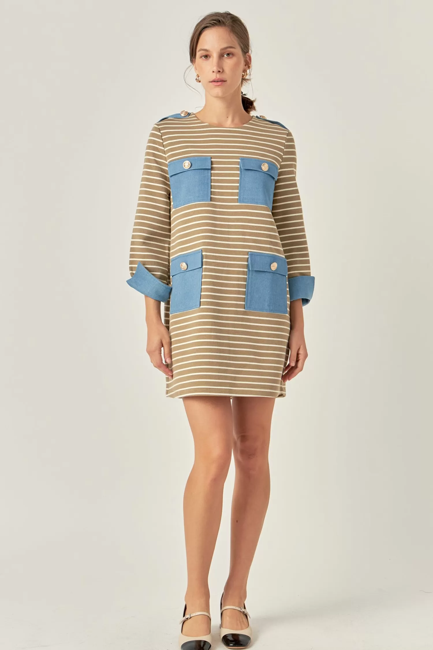 New Striped Jersey Knit Dress With Denim Pockets Office Chic | Mini Dresses