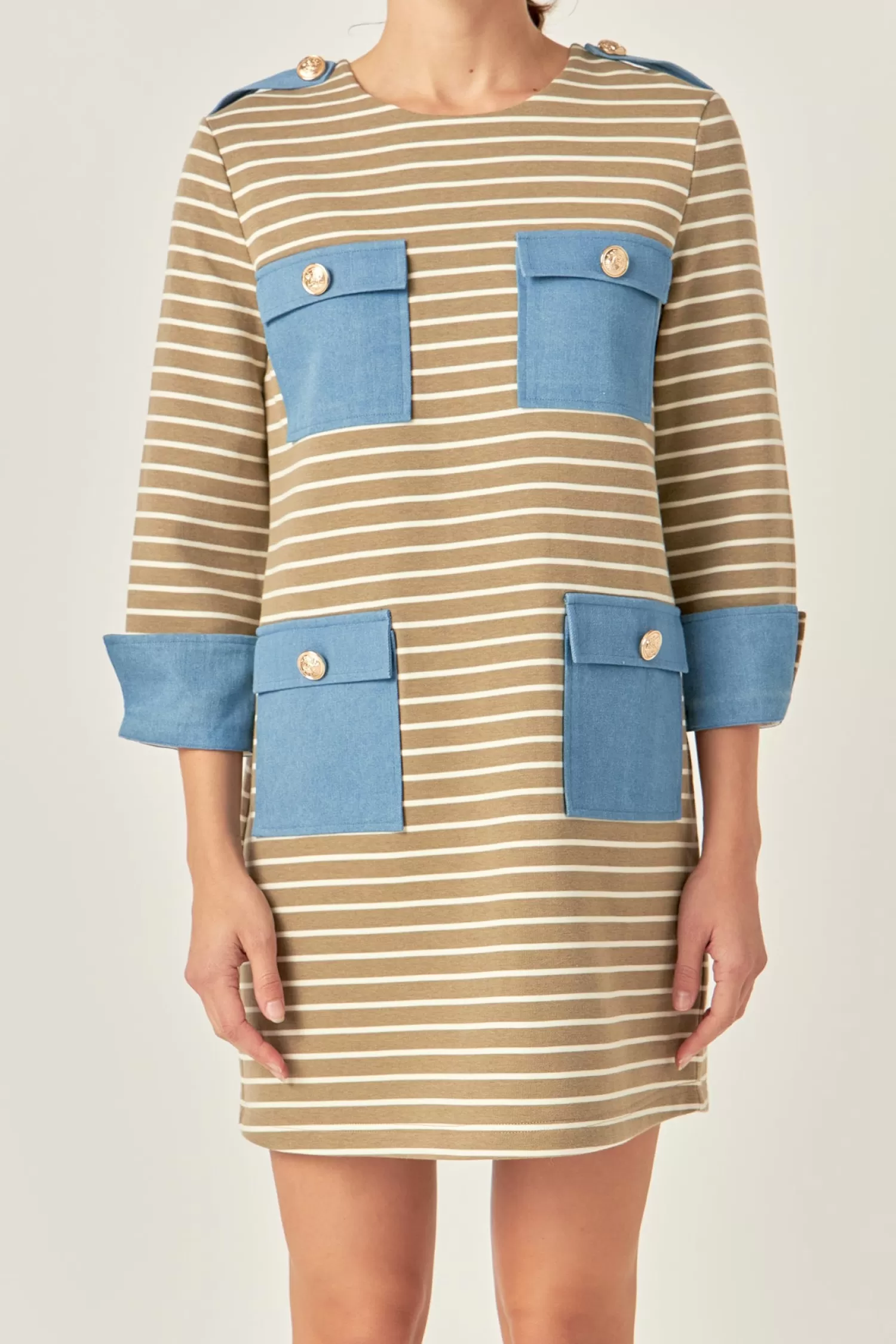 New Striped Jersey Knit Dress With Denim Pockets Office Chic | Mini Dresses