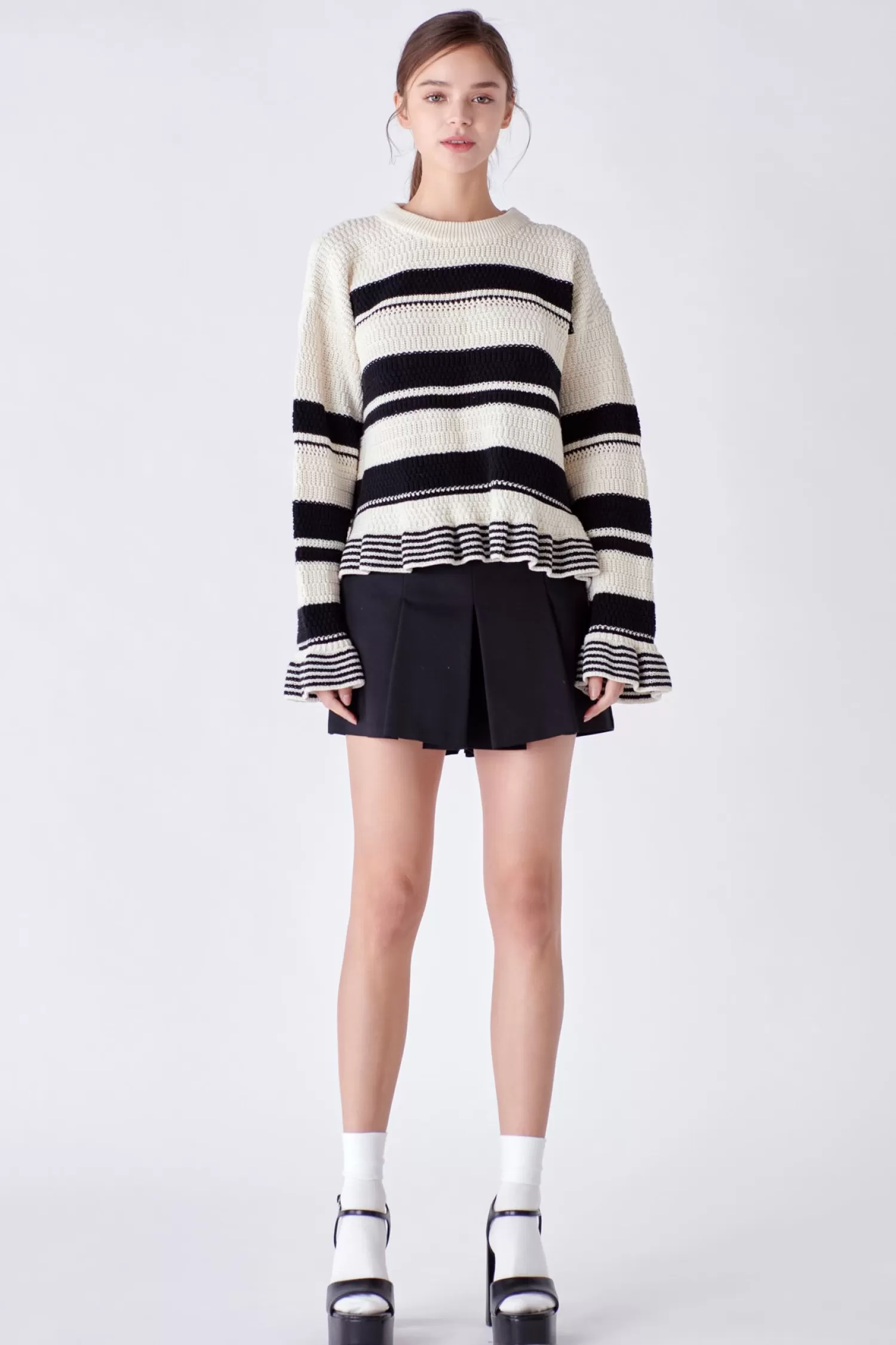 Fashion Striped Knit Sweater With Ruffles Stripe Wonders | Sweaters & Knits