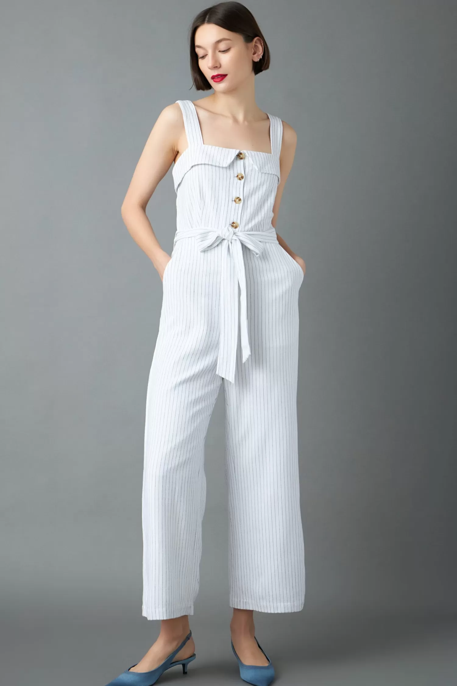 Online Striped Linen Jumpsuit with Wooden Buttons Stripe Wonders | Jumpsuits