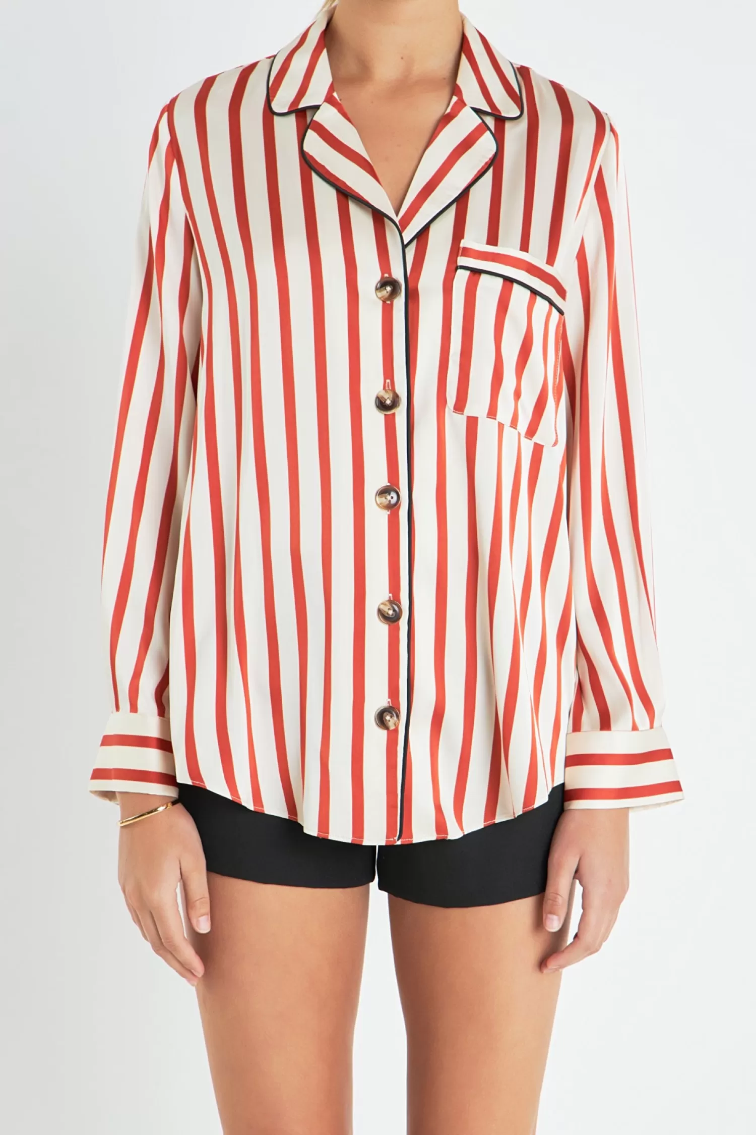 Sale Striped Satin Shirt with Piping Stripe Wonders | Tops