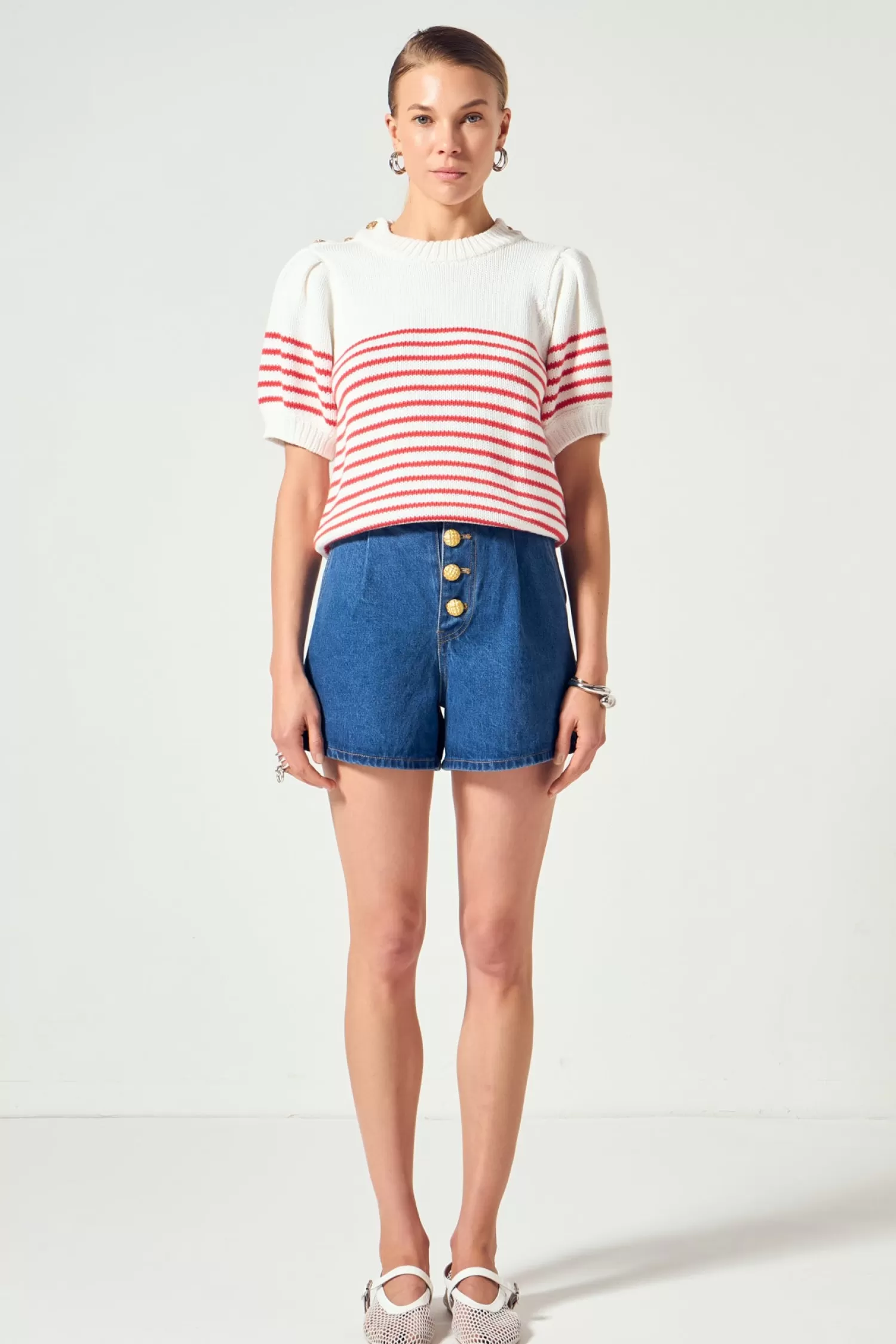 Clearance Striped Short Puff Sleeve Sweater with Buttons Best Sellers | Stripe Wonders