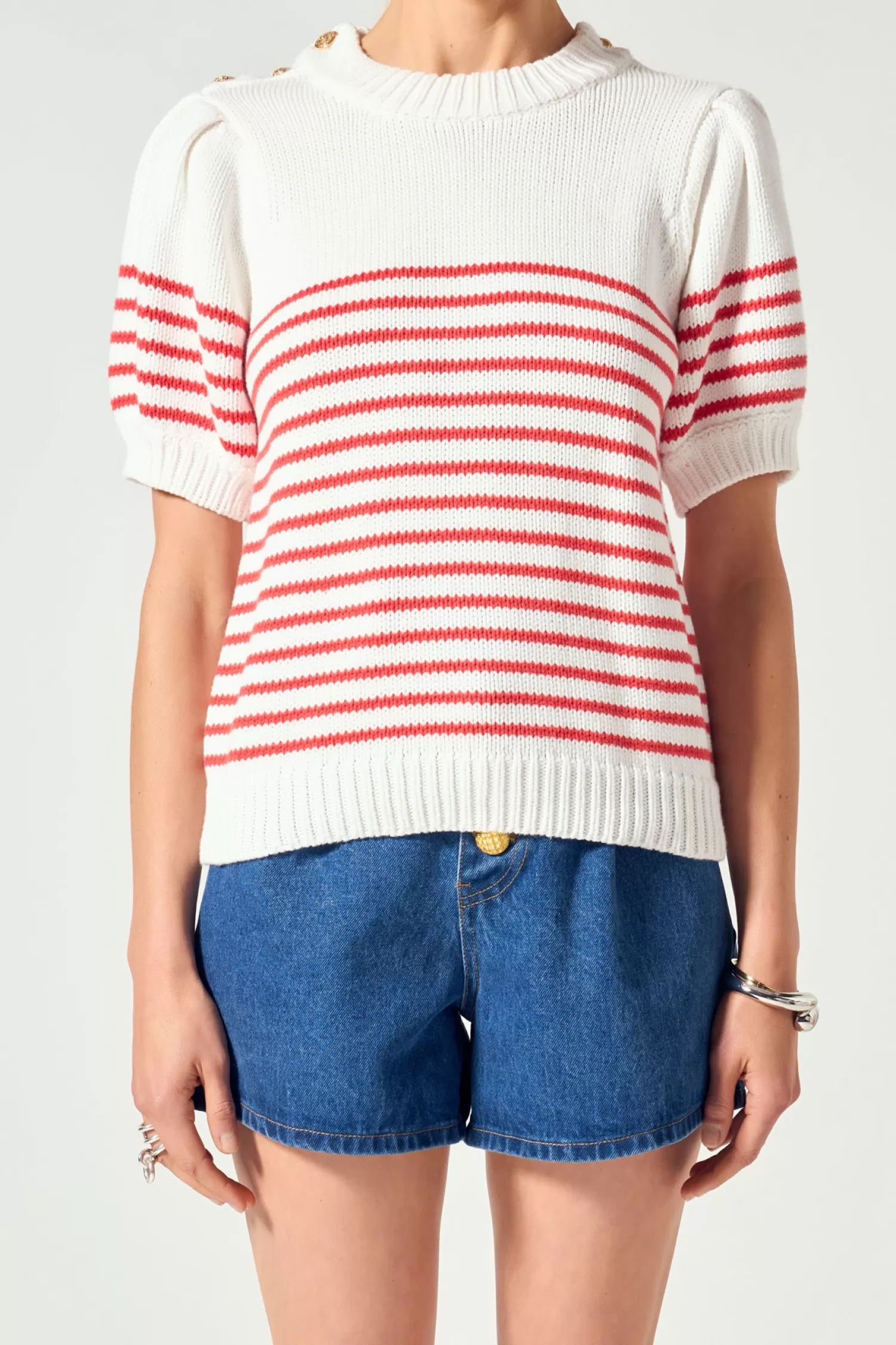 Clearance Striped Short Puff Sleeve Sweater with Buttons Best Sellers | Stripe Wonders