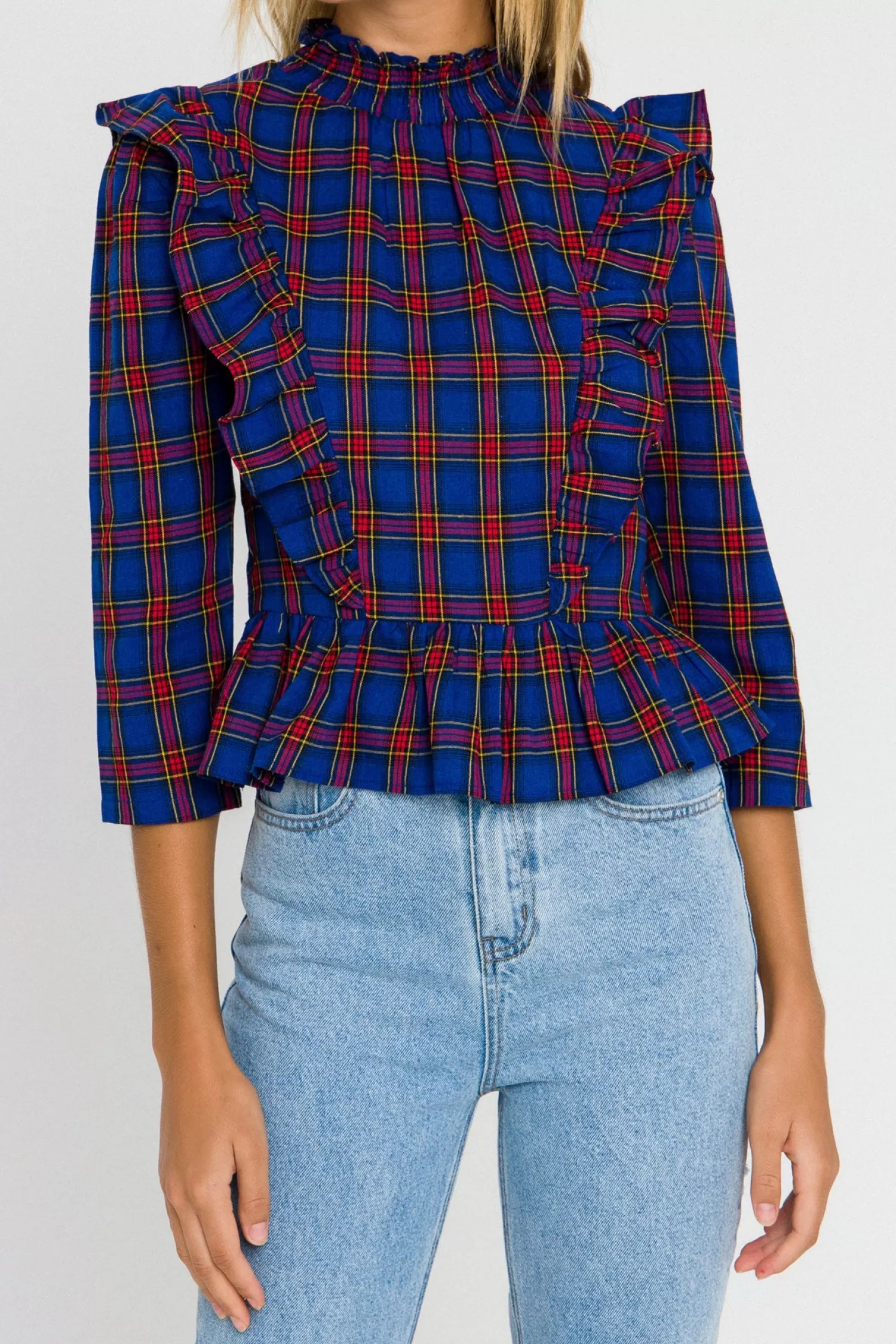 Hot Tartan Blouse w/ Ruffles Tops