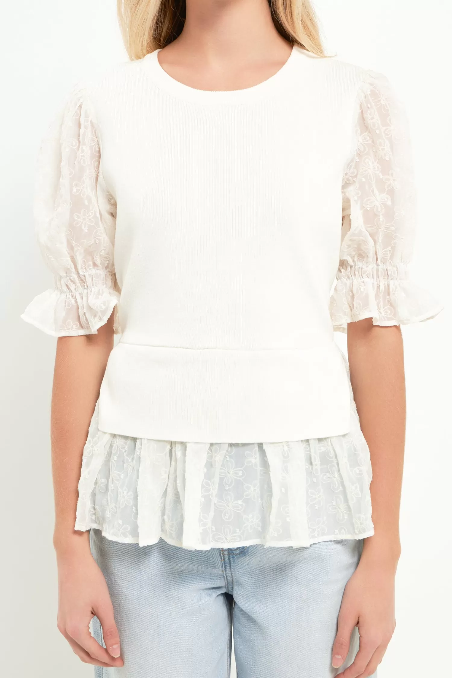 Store Textured Mixed Media Top Puff Sleeve Perfection | Tops