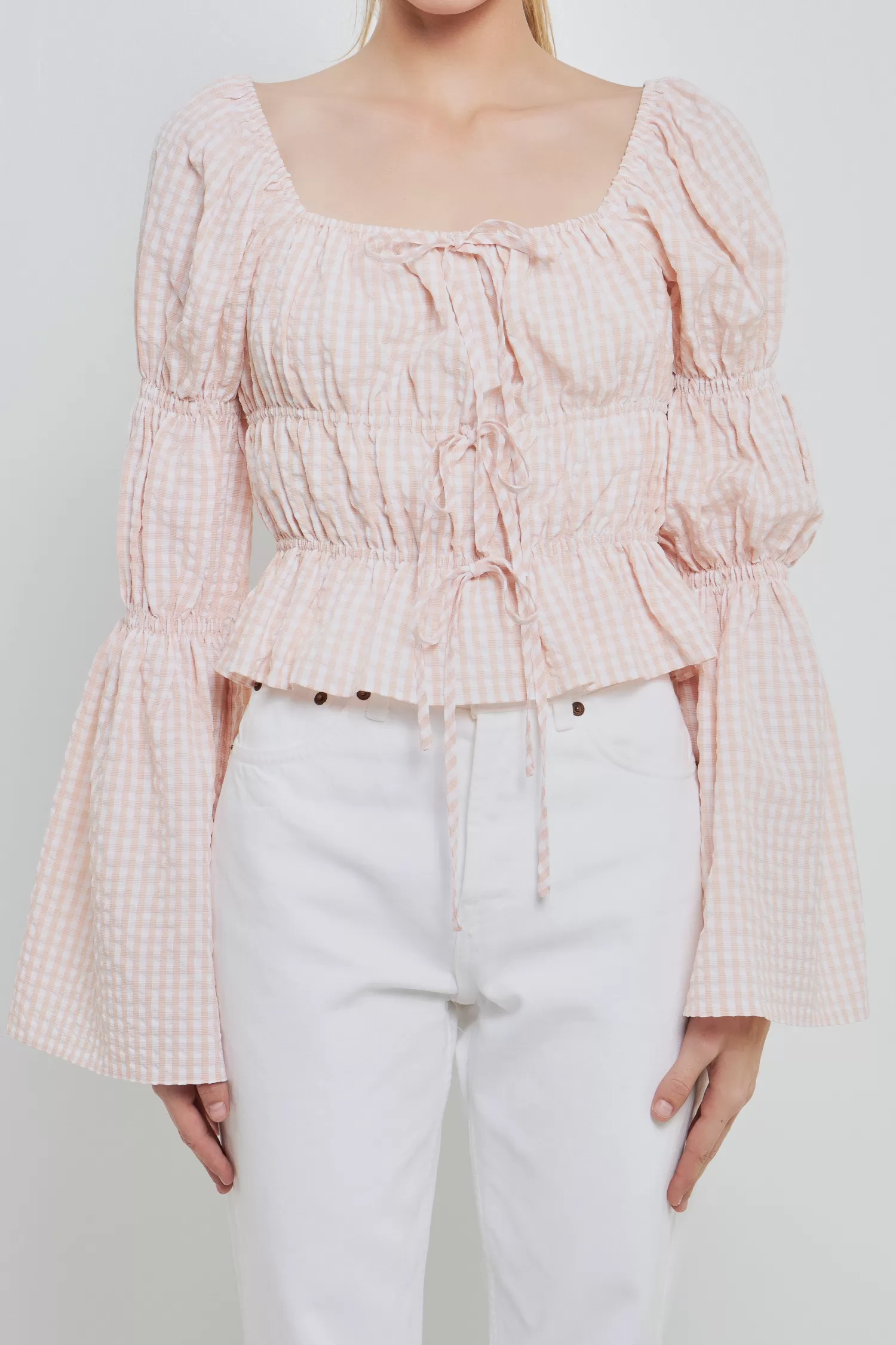 Shop Tie Detailed Shirring Top with Long Sleeves Tops