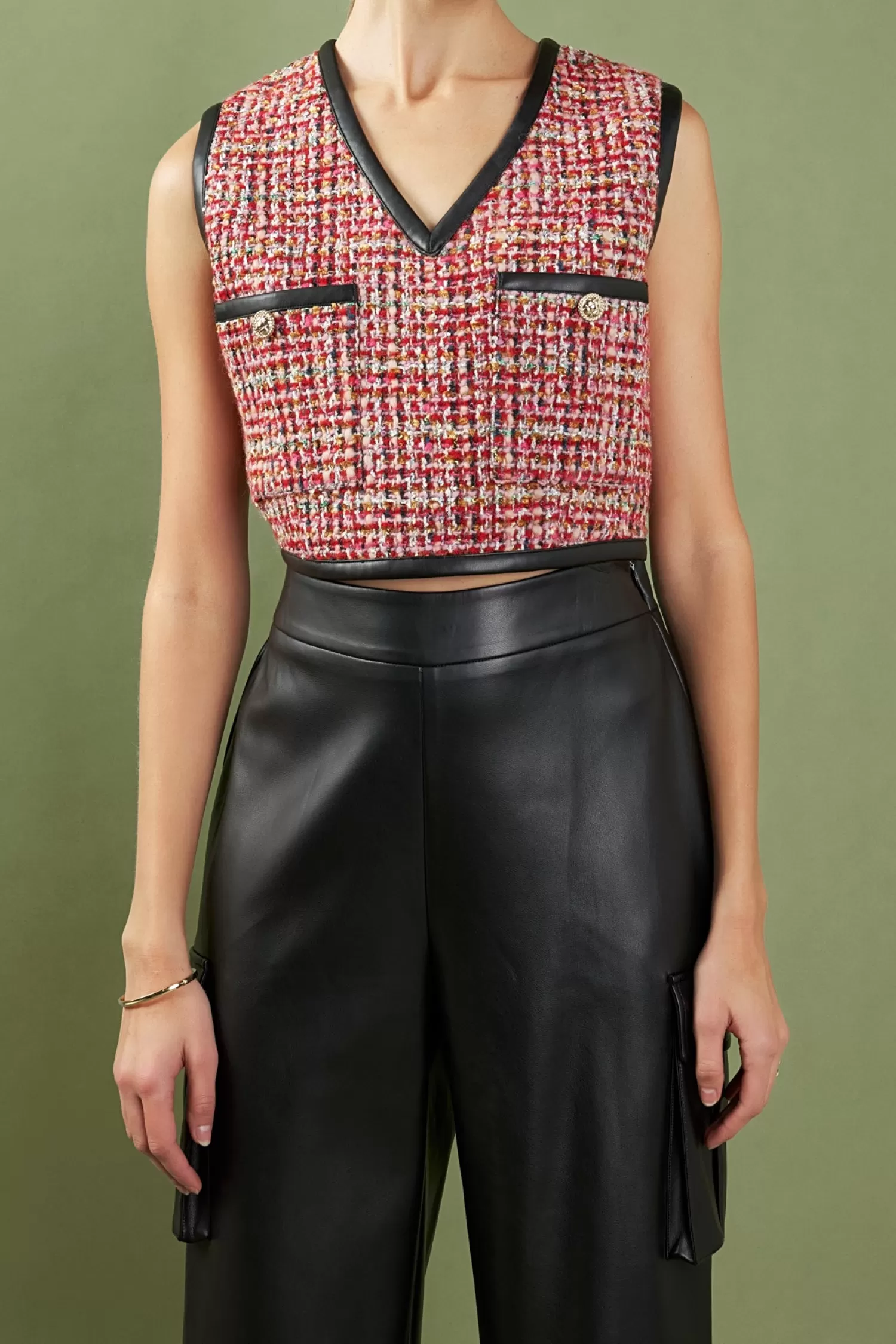 Best Sale Tweed Vest with Faux Leather Trim Night Out | Tops