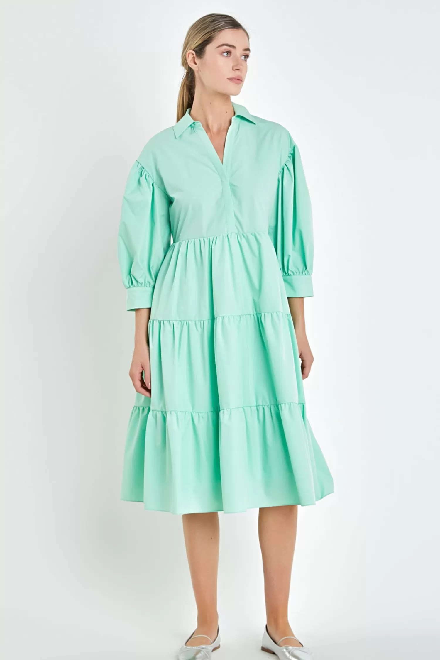 Best V-neckline Puff Sleeve Midi Dress Midi Dresses | Shirt Dresses