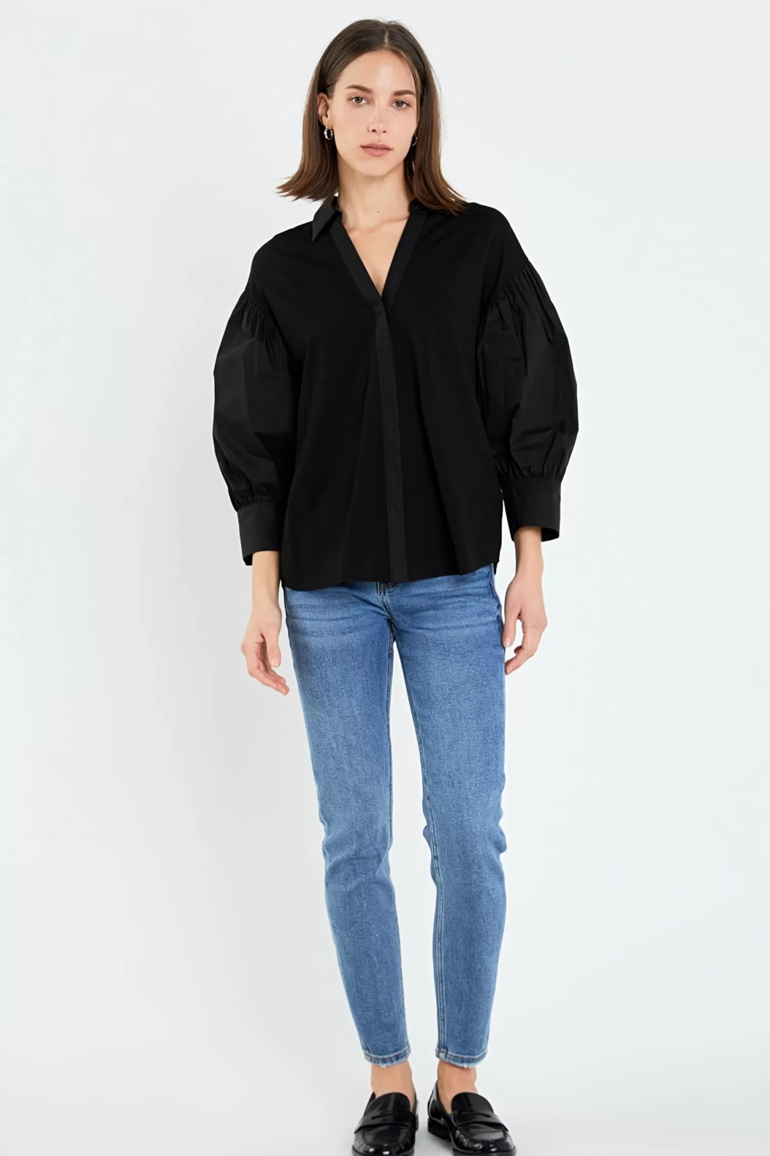 Flash Sale V-neckline Puff Sleeve Shirt Mixed Media | Puff Sleeve Perfection