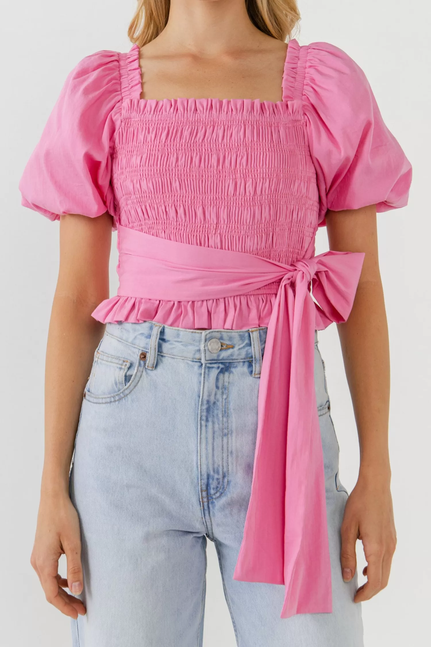 Store Women Woven Bow Tie Waist Blouse Puff Sleeve Perfection | Tops