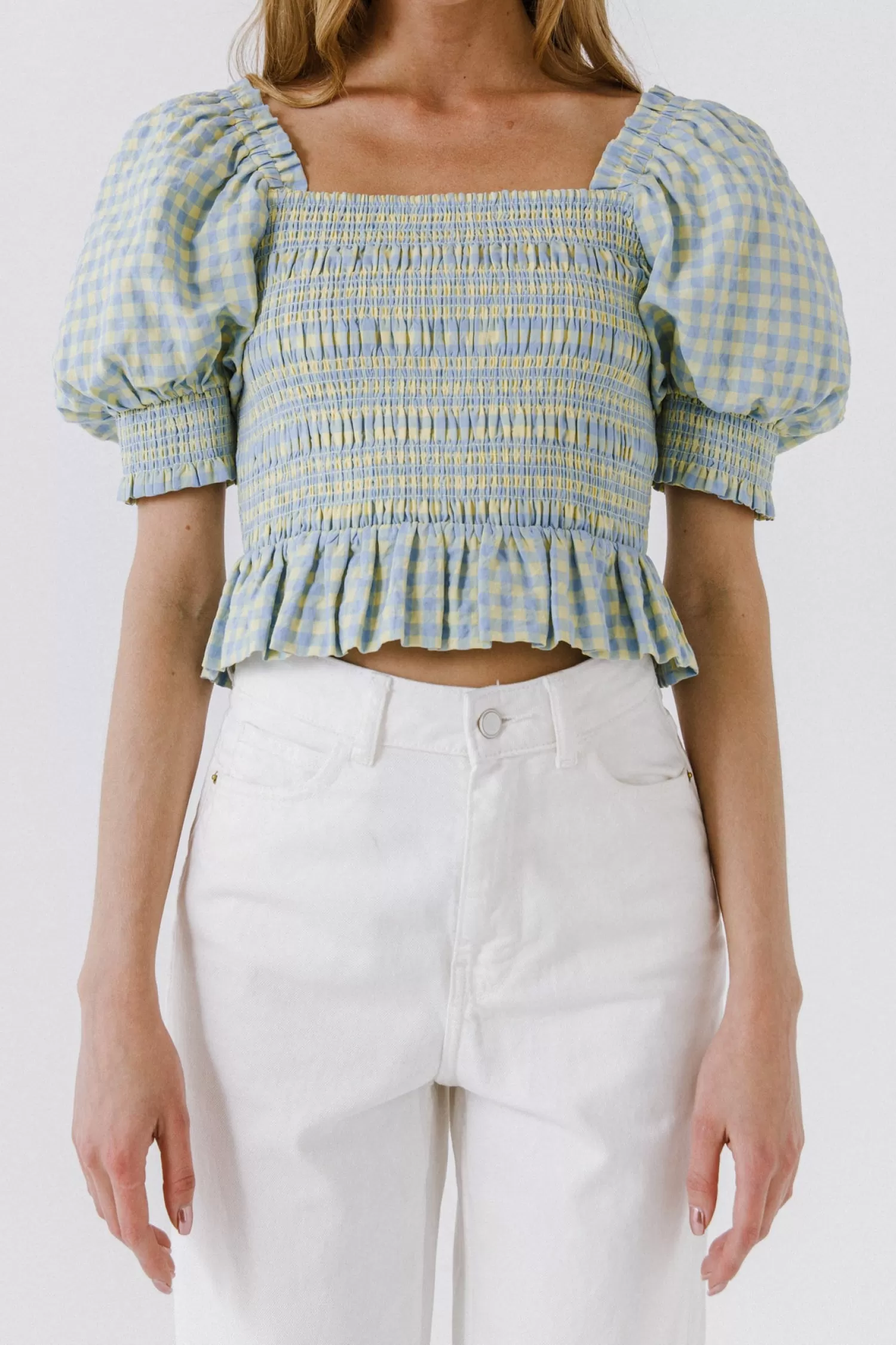 Best Sale Women Woven Gingham Blouse Frills And Thrills | Puff Sleeve Perfection