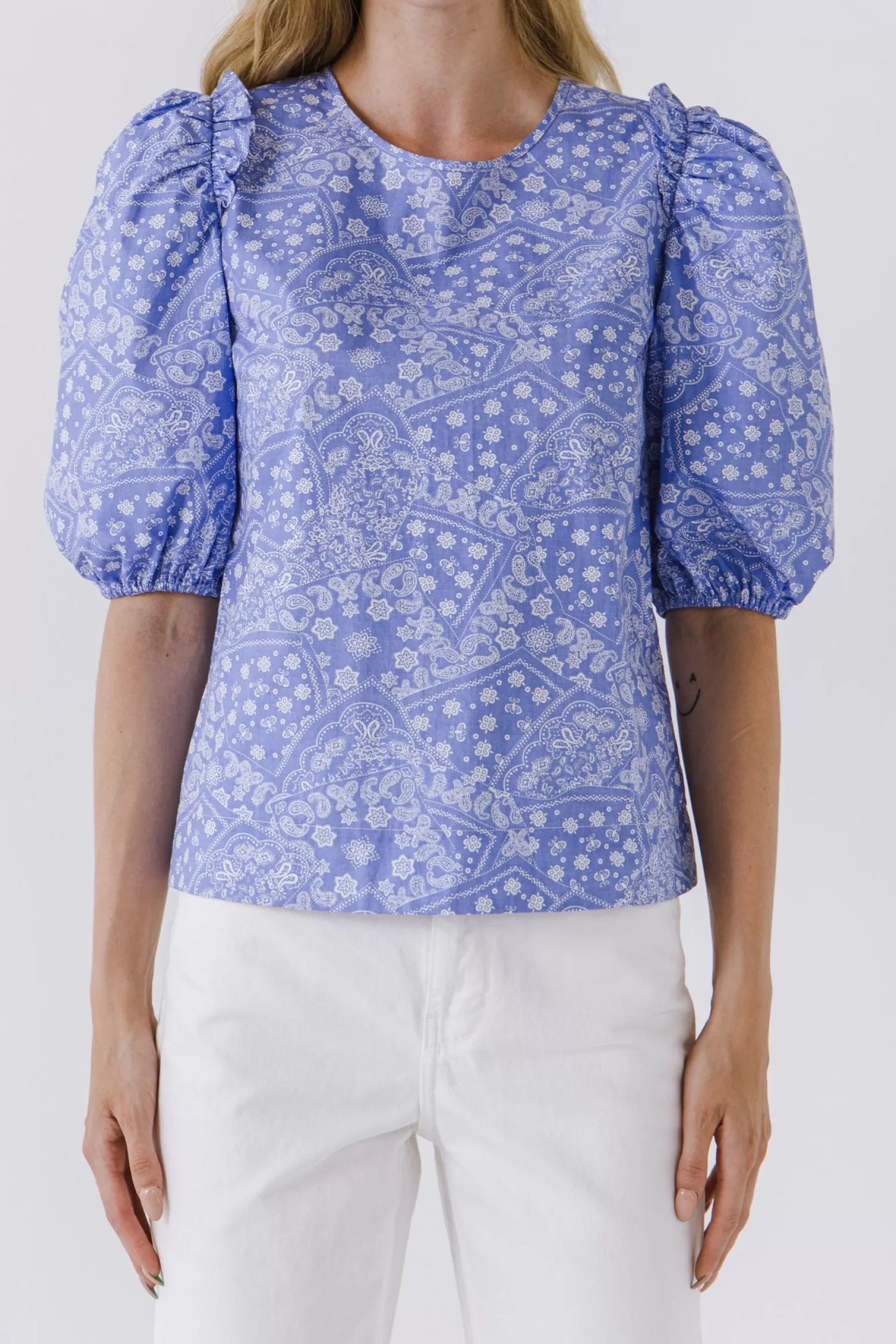 Sale Women Woven Paisley Blouse Frills And Thrills | Puff Sleeve Perfection