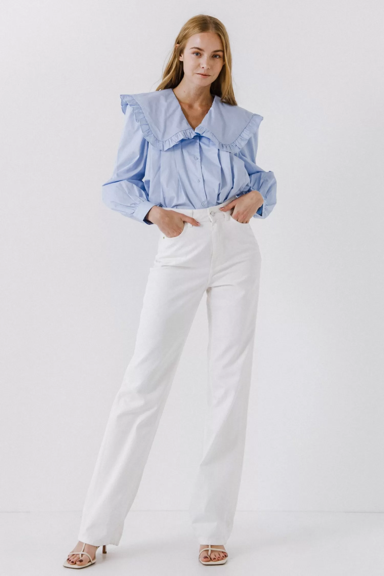 New Women Woven Ruffled Collar Blouse Tops